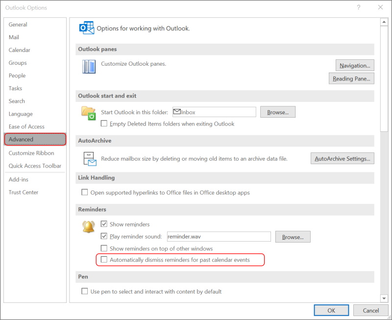 Outlook Automatically Dismiss Reminders For Past Calendar Events 